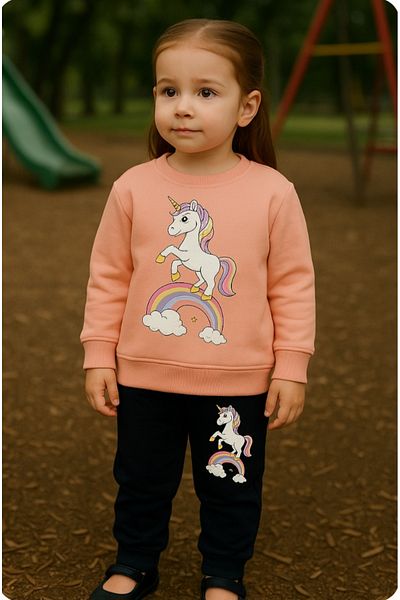 Uğur bebe New Season Salmon Color Girl's Pony Unicorn Patterned Pajamas Set Home Wear 100% Cotton Comfortable