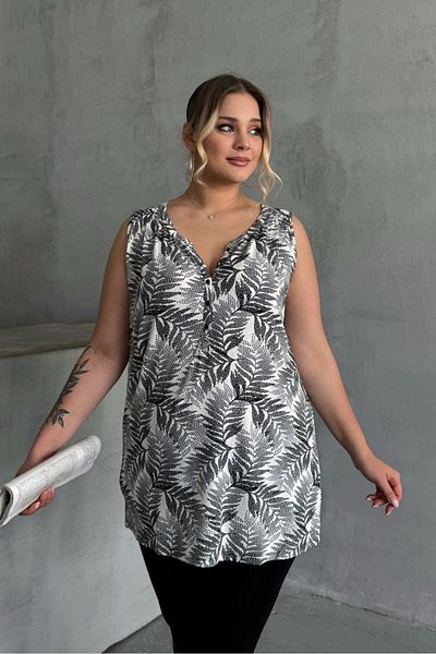 Stil Diva Plus Size Zero Sleeve Pattern V-Neck Front Button Long Cutout Blouse 35047