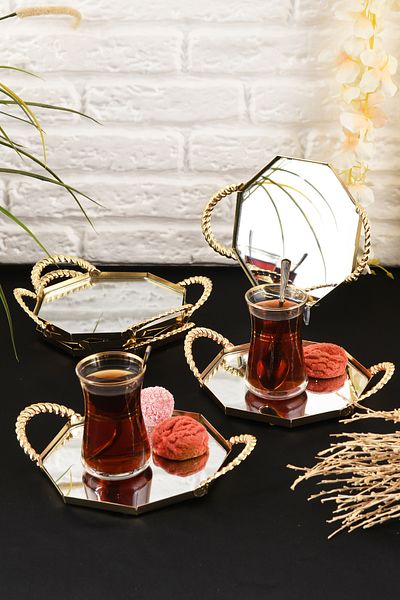 HELVACIOĞLU AKSESUAR 6 Pieces Mirrored Handled Coffee Cake, Cake, Baklava, Cookies, Tea Presentation Tray 15 cm