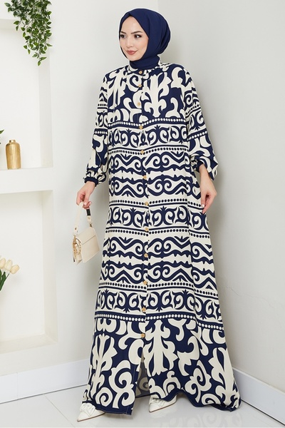 Bestenur Caned Buttoned Woven Viscose Dress 1560 - Navy Blue