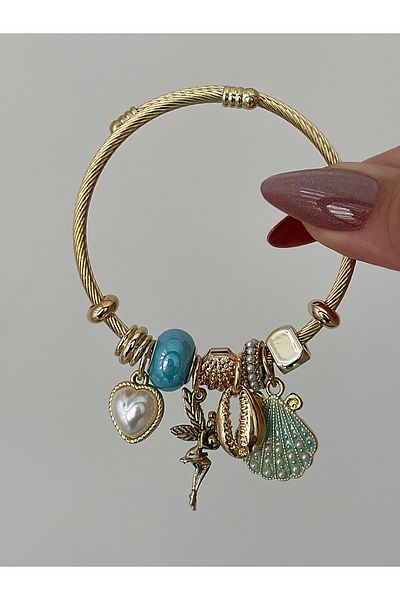 JELLY Women's Gold Color Seashell Charm Detailed Turquoise Beaded Fairy Figured Charm Bracelet