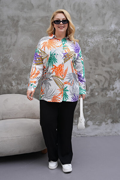 Polologin Butik Tropical Patterned White Viscose Tunic