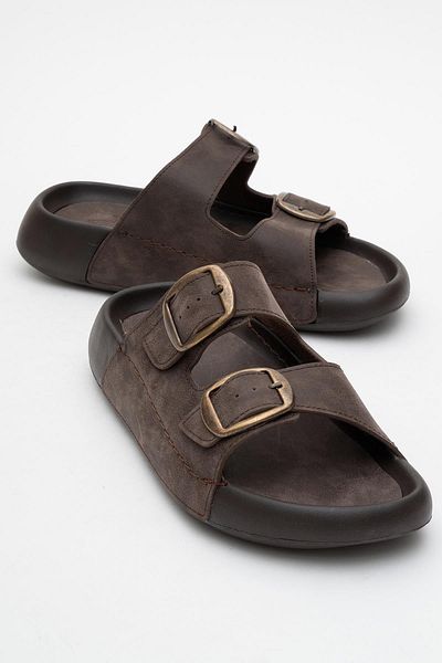 CCWAY AYAKKABI Men's Gold Buckle Slippers Brown