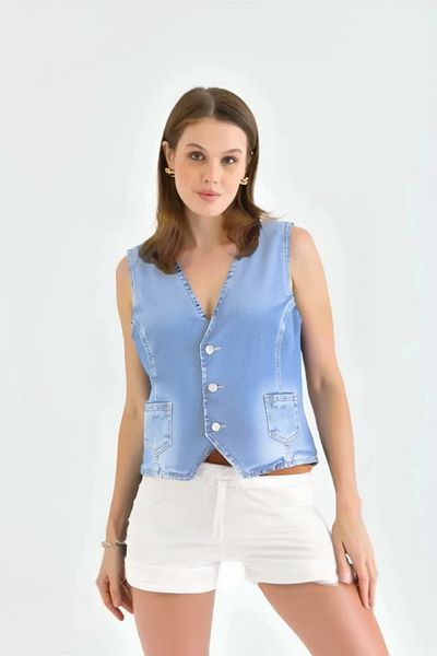 Xcedy Cedy Denim - Women's Slimfit Summer V-Neck Fashion Design Denim Vest-C623-Light Blue