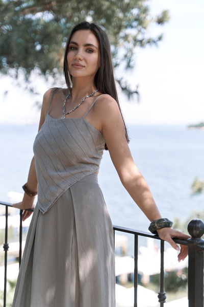 BOHEMAİ Kita Triangle Detail Striped Mink Linen Crop