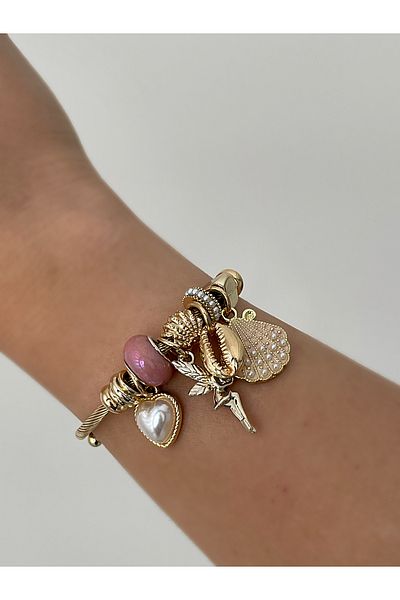 JELLY Women's Gold Color Seashell Charm Detailed Pink Beaded Fairy Figured Charm Bracelet