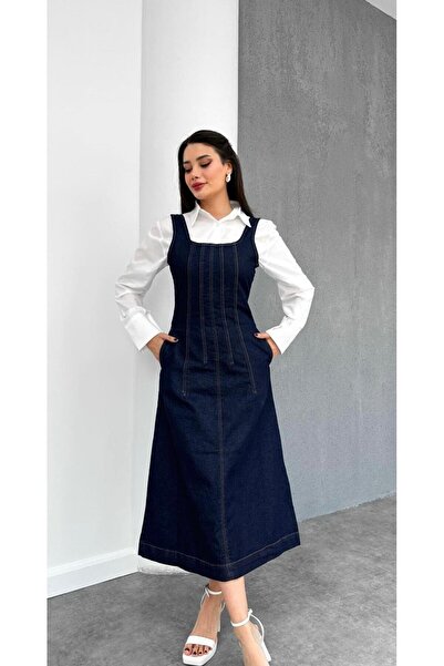 SEVA TEKSTİL LACİVERT KOT ELBİSE KALIN ASKILI FERMUARLI