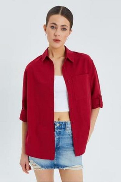 Mixray 9942 Women's Oxford Long Sleeve Basic Shirt Claret Red