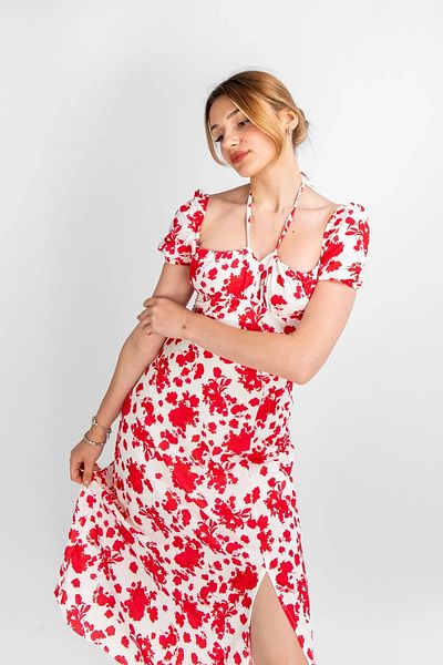 Bak Moda Floral Patterned Midi Length Lined Red Dress