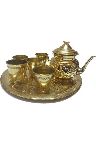 Generic Copper tea set for Ramadan decoration set of a pan and 5 cups of brass
