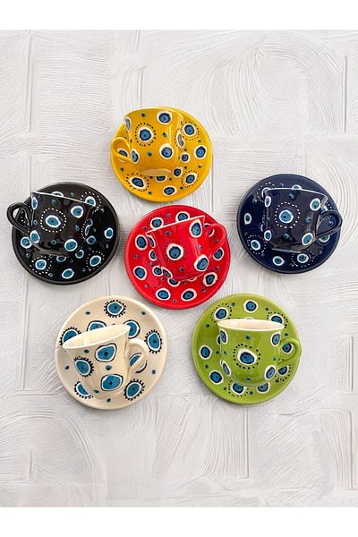 Artistic Quality Decorative 6-Person Stylish Evil Eye Bead Tile Designed Completely Handmade Coffee Cup Set
