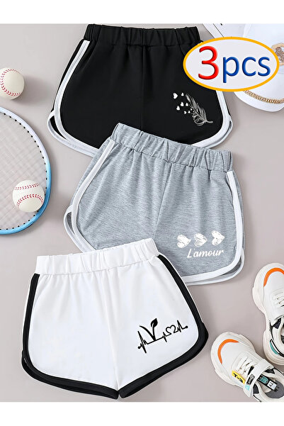 LOUİSA Kız Çocuk 3'lü Paket Ritim Kalp-Lamour-Tüy Baskılı Biyeli Penye Şort