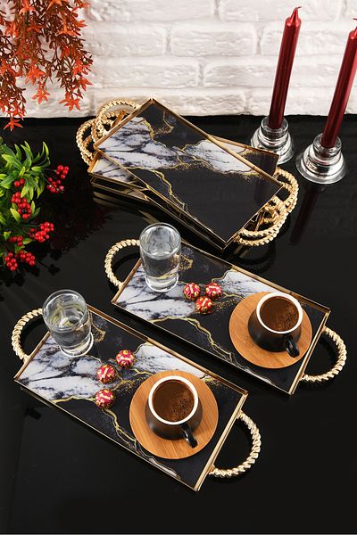HELVACIOĞLU AKSESUAR 6 Pieces Coffee, Cake, Cake, Baklava, Cookies, Tea Presentation Tray with Handles 12X25 cm Gold