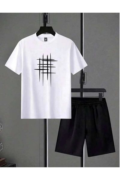 BEHLIVE Striped Pattern Printed Oversize Men's T-Shirt Black Shorts Set