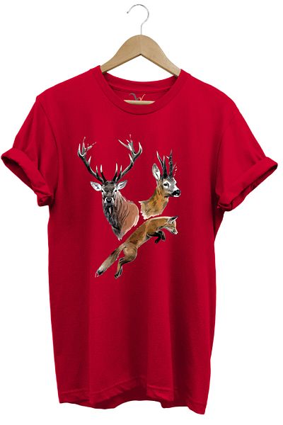 WİDİ Hunting Hunter Deer and Fox Printed 100% Cotton Regular Fit T-Shirt
