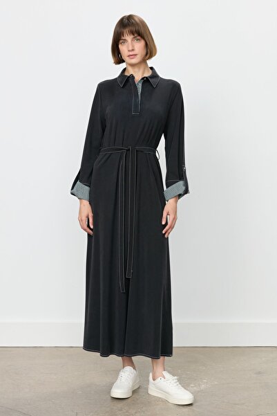 Nihan Gömlek Yaka Kol Detaylı Örme Elbise Siyah