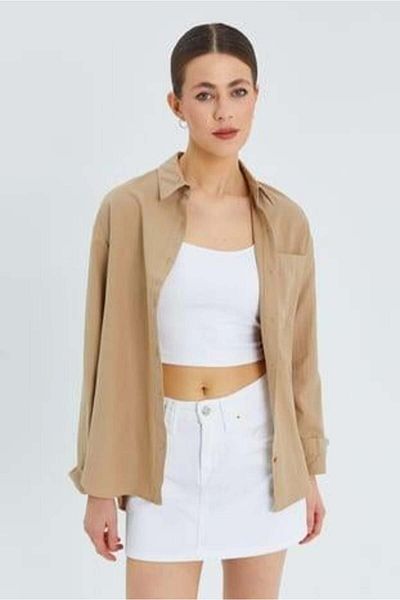 Mixray 9942 Women's Oxford Long Sleeve Basic Shirt Biscuit