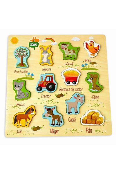 OEM 3D Wooden Puzzle Farm Animals in Romanian Language, 12 Large Pieces, 30x30 cm
