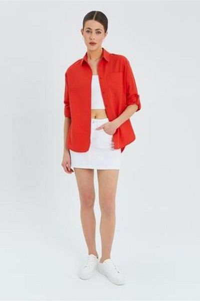 Mixray 9942 Women's Oxford Long Sleeve Basic Shirt Red