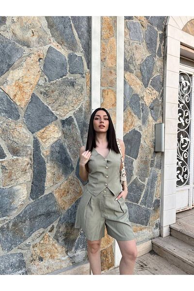 BUTİK ELAJ Women's Green Gabardine Modal Vest Shorts Suit