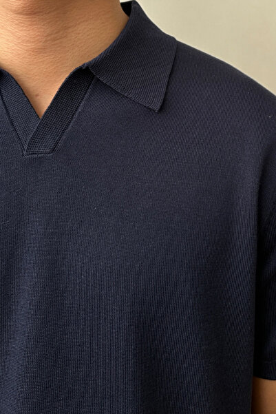 COOL TARZ Men's Navy Blue Placket Short Sleeve Polo Neck Knitwear T-Shirt