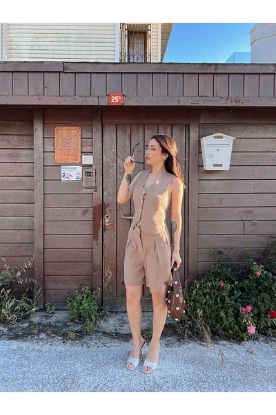 BUTİK ELAJ Women's Beige Gabardine Modal Vest Shorts Suit