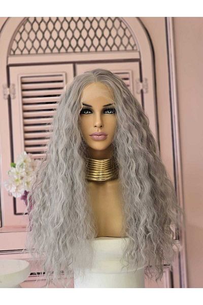 LOLLY PONY Wavy Silver Grey Korean Fiber Synthetic Front Tulle Wig