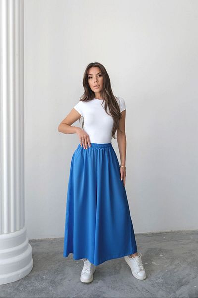 Hatun Atila Wide Cut Flared Double Crepe Trouser Skirt with Elastic Waist - Blue