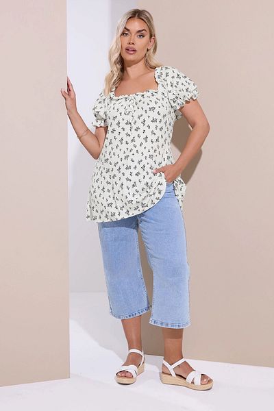Stil Diva Plus Size Floral Print Wrap Fabric Square Neckline Ruffle Sleeve Blouse 322661