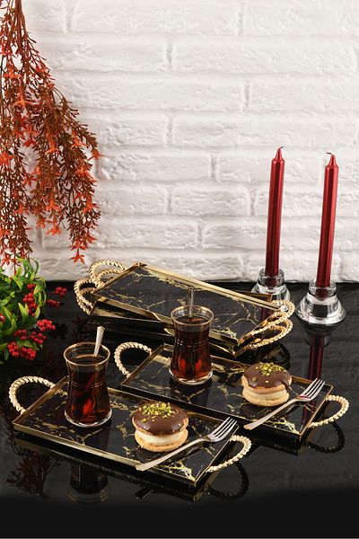 HELVACIOĞLU AKSESUAR 6 Pieces Coffee, Cake, Cake, Baklava, Cookies, Tea Presentation Tray with Handles 12X25 cm Gold