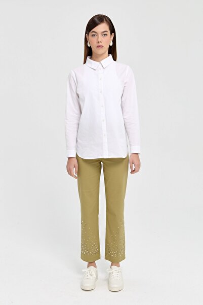 Nihan Paçası Taşlı Kanvas Pantolon Olive