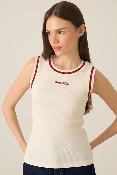 Setre Ecru Sleeveless Stripe Detailed Embroidered Knitwear