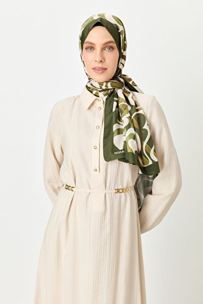 Nihan Kolları Lastikli Önden Düğmeli Gömlek Yaka Viskon Elbise Bej