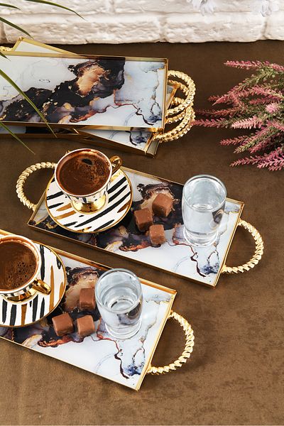 HELVACIOĞLU AKSESUAR 6 Pieces Coffee, Cake, Cake, Baklava, Cookies, Tea Presentation Tray with Handles 12X25 cm Gold