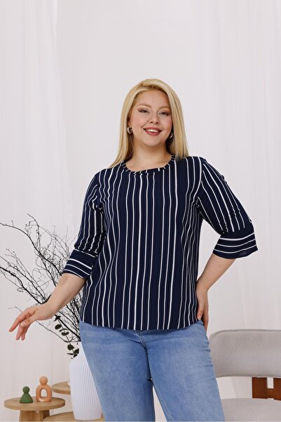 Siyezen Plus Size Striped Flared Sleeve Blouse