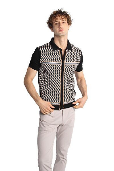 İgs Чоловічий чорний трикотажний светр з коротким рукавом і коміром-поло