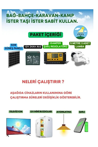 TNL Kamp, Karavan ve Çadır Için Solar Taşınabilir Güneş Enerji Seti - LED Tv, Telefon Şarj ve Aydınlatma