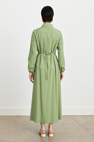 Nihan Kolları Lastikli Önden Düğmeli Gömlek Yaka Viskon Elbise Haki