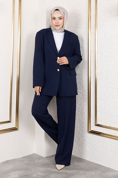 Tesettür Dünyası Gold Blazer Suit Tsd250198 Navy Blue
