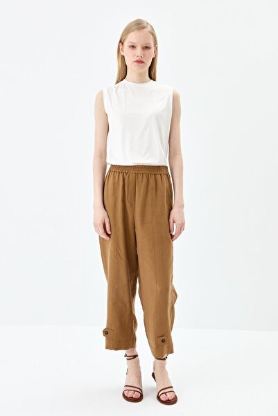 Nihan Paçası Düğmeli Pantolon Taba