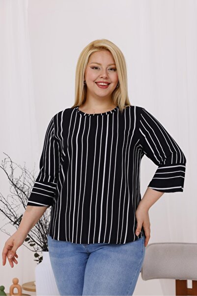 Siyezen Plus Size Striped Flared Sleeve Blouse