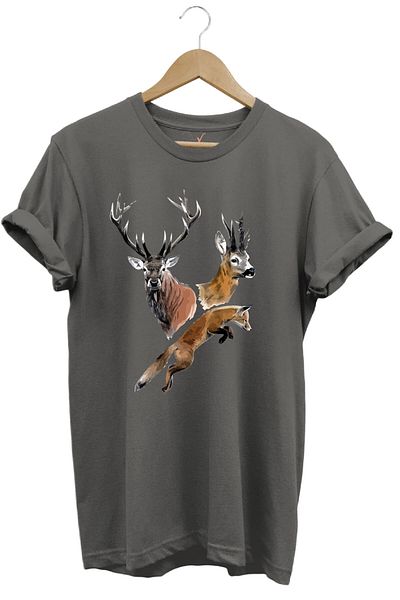 WİDİ Hunting Hunter Deer and Fox Printed 100% Cotton Regular Fit T-Shirt