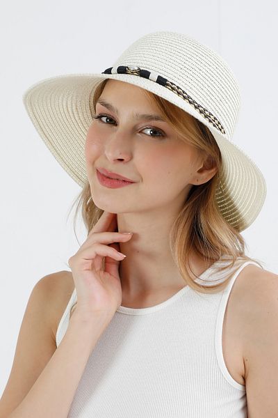 Fulla Moda Leather Detailed Beaded Straw Hat