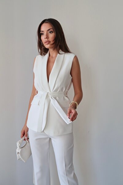 Swass Violet Belted Vest and High Waist Ecru Trousers Set