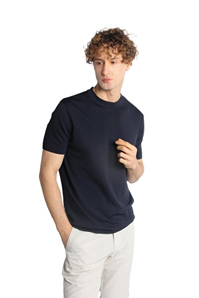 İgs Чоловічий темно-синій трикотажний светр з коміром-поло та короткими рукавами