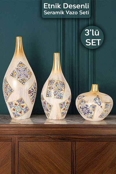 Meleni Home Σετ βάζου Elegance 3 τεμαχίων - Πολύχρωμο βάζο με έθνικ σχέδιο Κεραμικό μοντέλο διακοσμητικό βάζο