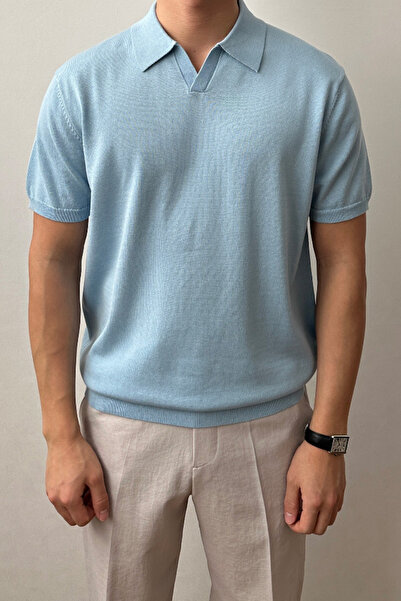 COOL TARZ Erkek Mavi Patlı Kısa Kollu Polo Yaka Triko T-Shirt