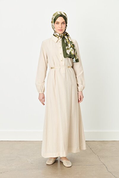 Nihan Kolları Lastikli Önden Düğmeli Gömlek Yaka Viskon Elbise Bej