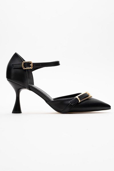CCWAY AYAKKABI Women's Buckle Heeled Shoes Black Skin