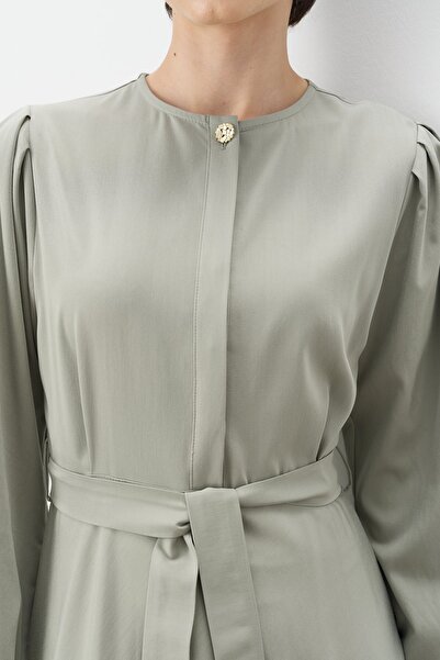 Nihan Düğmeli Kuşaklı Viskon Elbise Çayı